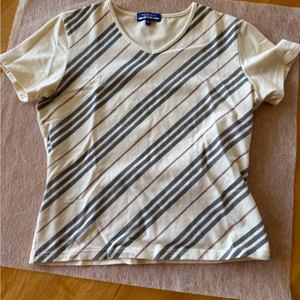 Burberry Blue Label (Japan only) Diagonal Striped Cream & Gray Women's baby tee